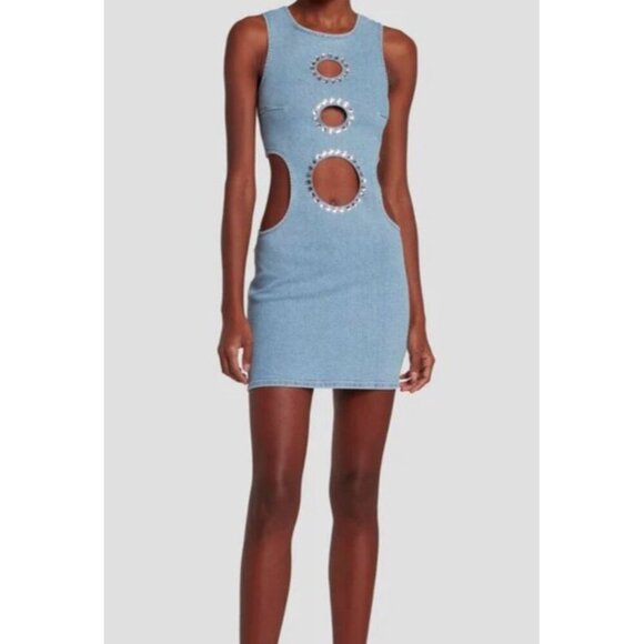 7FAM x ADR Sz M Dress Denim Mini Sleeveless Swarovski Cut Outs Blue Bodycon - Picture 1 of 14